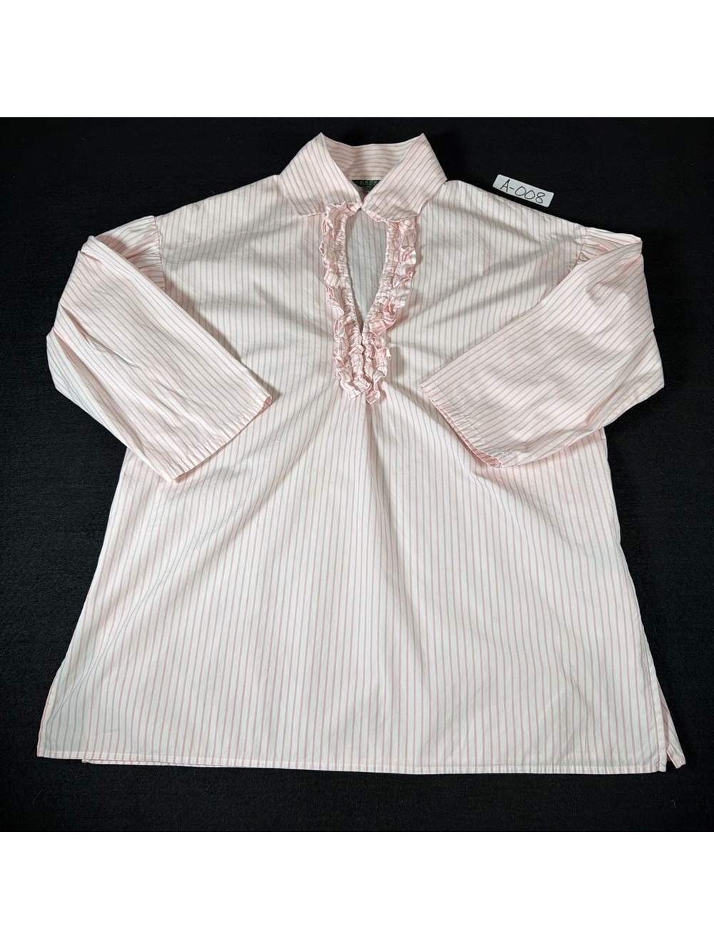 Lauren Ralph Lauren Women M Pink White Stripe Ruffle Tunic Blouse 100% Cotton